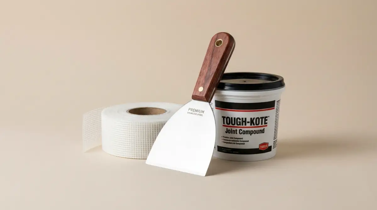 A close-up of a hand applying white joint compound over a mesh patch on a damaged drywall surface with a silver putty knife.