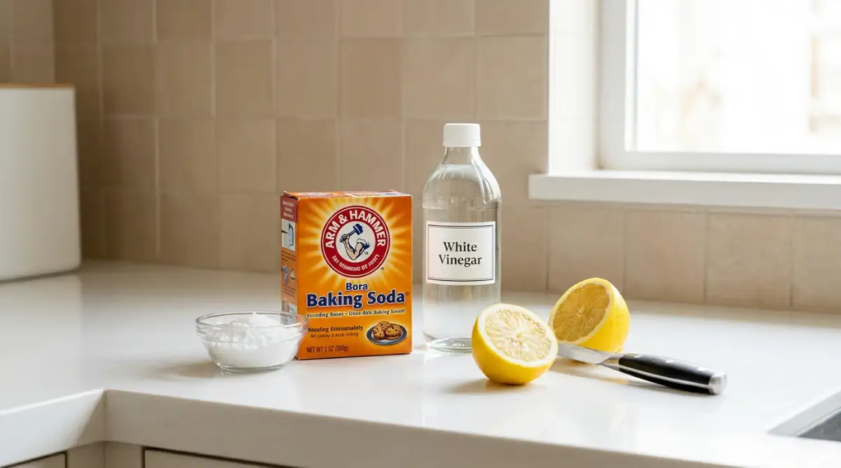 White baking soda and clear vinegar fizzing together inside a stainless steel kitchen sink drain to clear a tough grease clog.