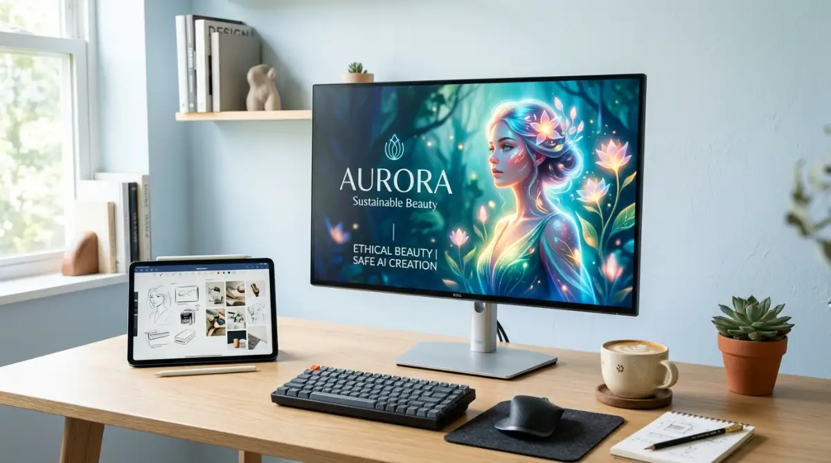 A business owner sitting with a legal document next to a laptop displaying AI-generated marketing graphics.