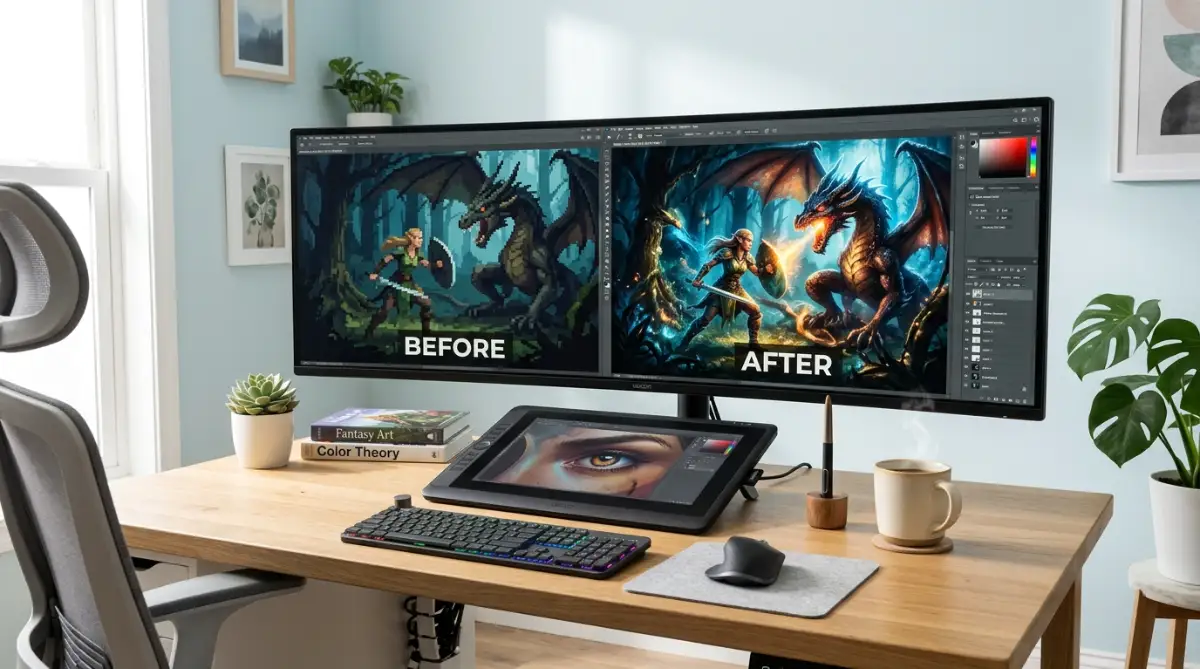 A digital artist comparing a pixelated AI generated image side-by-side with a sharp, high-resolution upscaled version on a monitor.