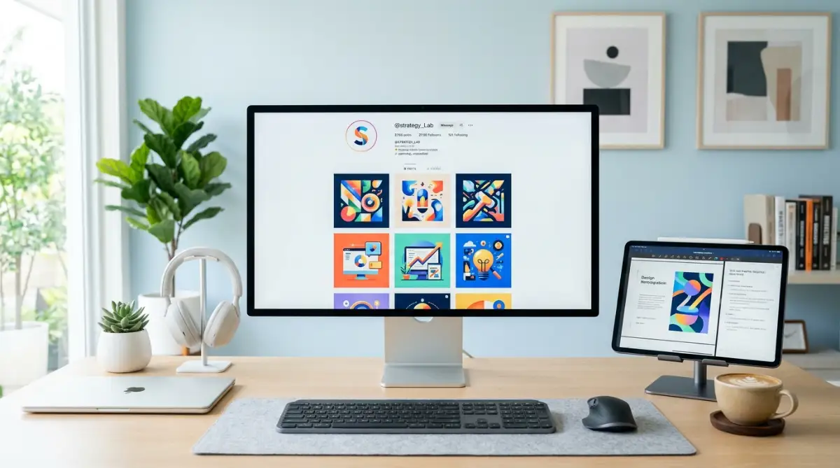 A business owner sitting in a brightly lit home office using an AI image generator to create Instagram post graphics.