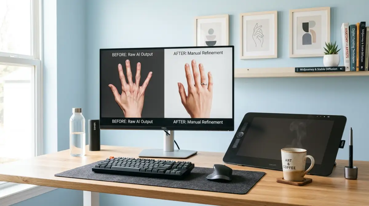 A digital artist using a graphic tablet to repaint distorted fingers on an AI-generated portrait.