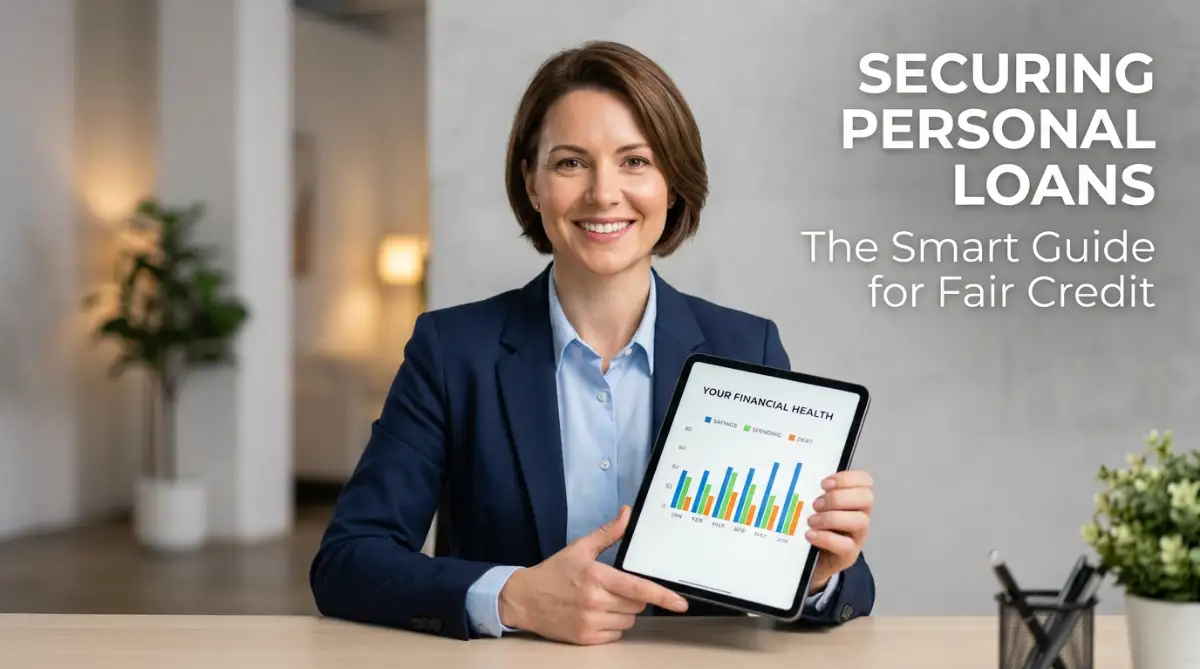 A confident professional woman with a round face smiling while holding a tablet displaying personal finance charts, illustrating how to secure the best personal loans for fair credit.