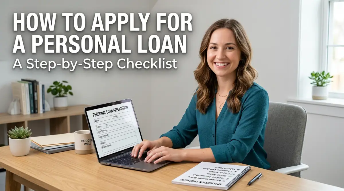 A woman fills out a personal loan application on her laptop next to a printed checklist, representing a complete step-by-step guide on how to apply for a personal loan.