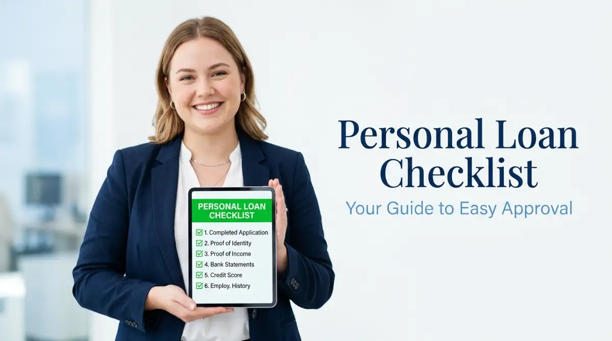 A professional young woman holding a tablet showing a checklist for applying for a personal loan on a clean studio background.