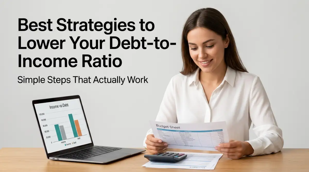 A woman reviews a budget sheet and calculator at her desk, representing proven strategies to lower a debt-to-income ratio and improve loan eligibility.