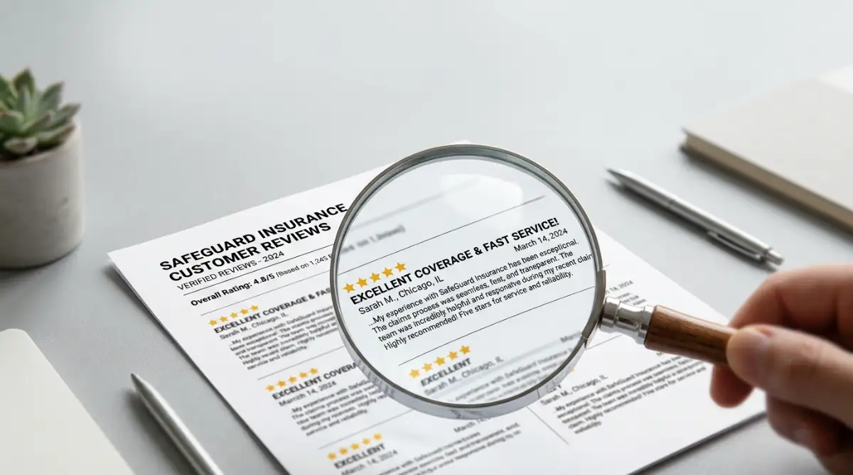 A magnifying glass hovering over a printed five-star insurance review document on a desk, representing the need to closely examine cheap insurance reviews for misleading information.