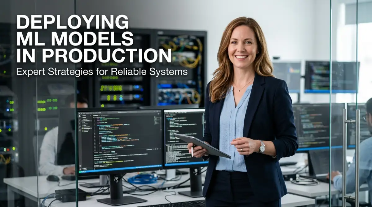 A confident female software engineer in a modern tech workspace with server infrastructure and code screens, presenting professional strategies.