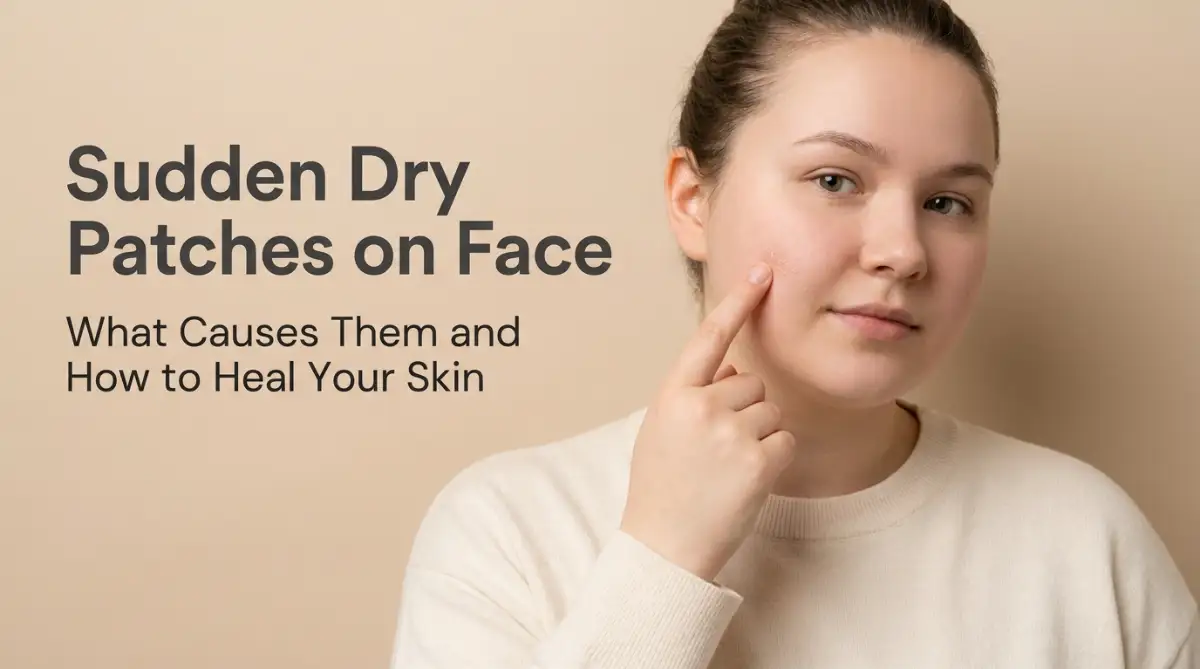 A young woman with a fair round face gently touches a small dry patch on her cheek, illustrating the common causes of sudden facial dryness.