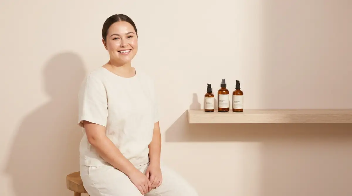 A clean studio photograph showing a simple minimalist morning skincare routine for busy people with three essential products on a pastel background.
