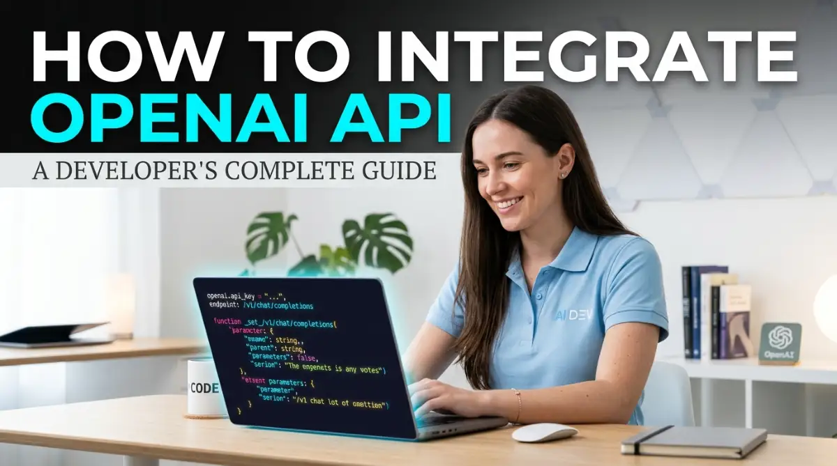 A confident professional woman sits at a laptop displaying colorful API code, set against a clean studio background, representing the modern process of integrating OpenAI API into custom web applications for developers.