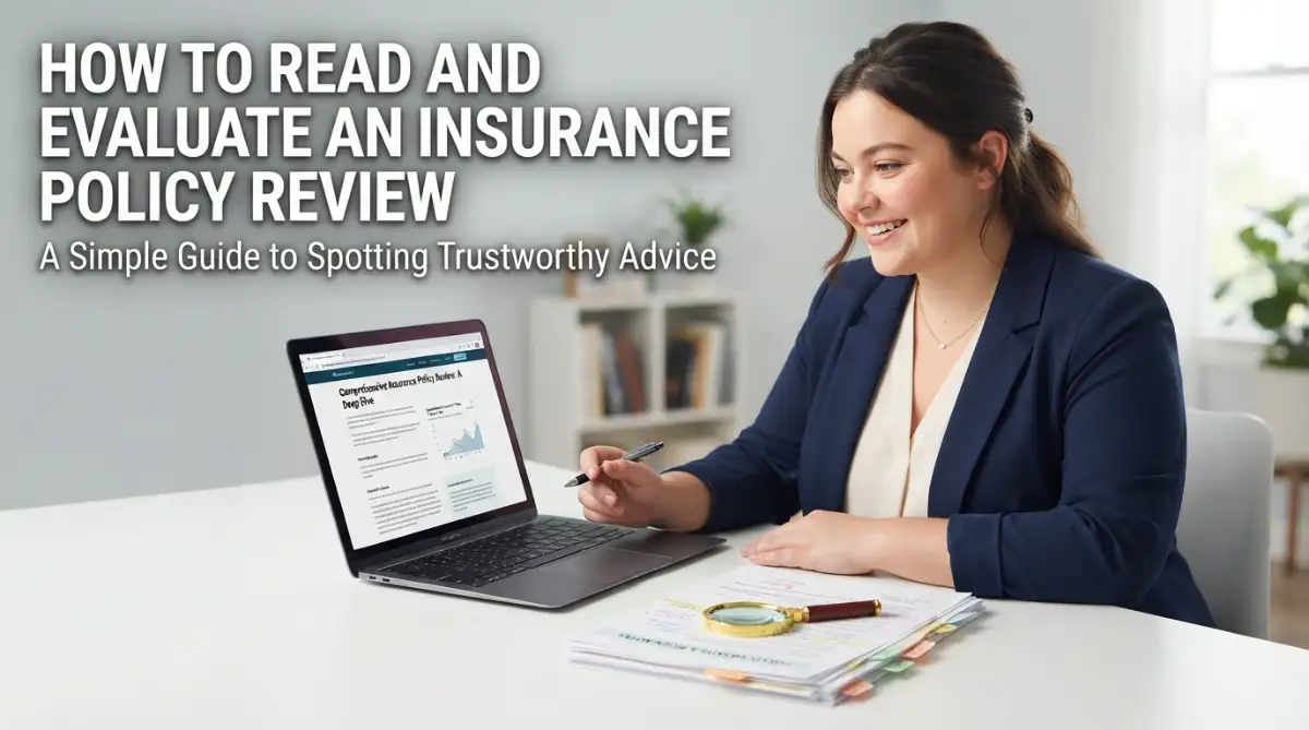 A woman reads and evaluates an insurance policy review on her laptop at a bright, modern desk setting.