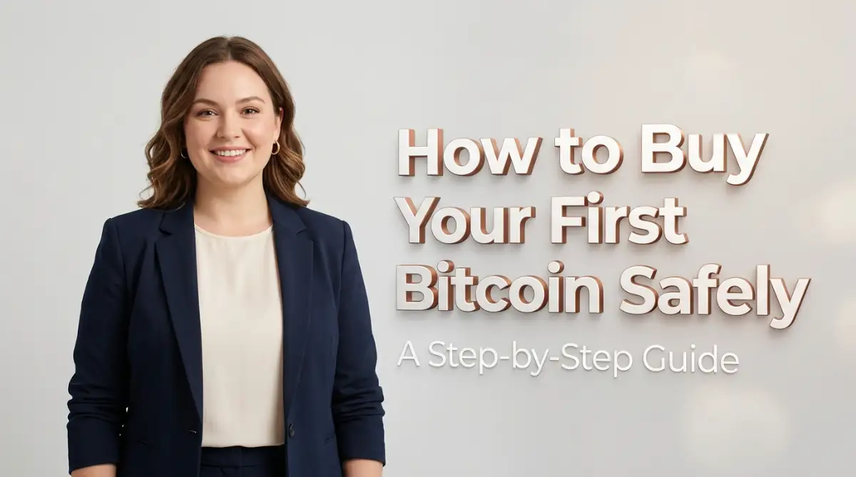 A professional studio shot of a fair-skinned female model next to a guide title on how to buy your first bitcoin safely and securely.