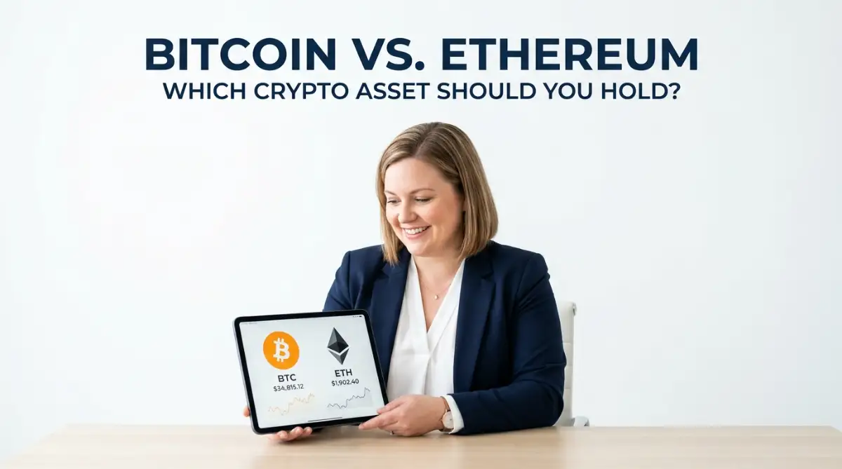 A professional investor analyzing Bitcoin and Ethereum choices on a tablet, helping readers decide which crypto asset they should hold.