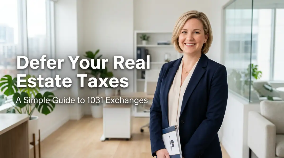 A smiling female consultant in a clean modern office, representing a professional guide on how to defer real estate taxes using 1031 exchanges.
