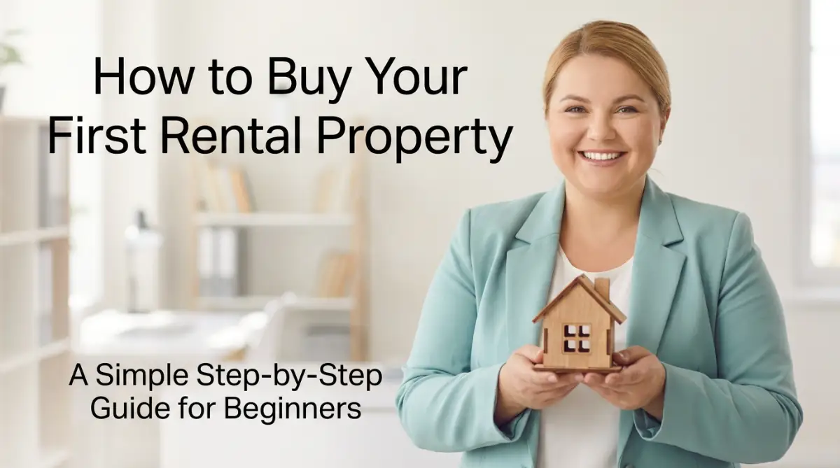 A smiling professional woman holds a model house to illustrate how to buy your first rental property successfully.