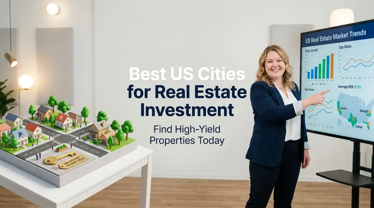 A happy fair round-faced female model smiles while presenting a digital chart highlighting the best cities for real estate investment in the US.