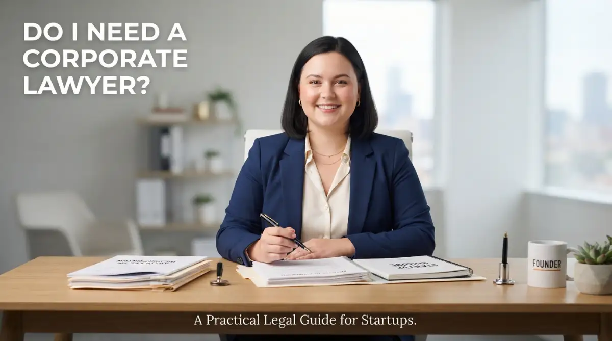 A professional fair-skinned female entrepreneur with a round face sitting at a desk with business documents, analyzing whether she needs a corporate lawyer to form her new business legally.