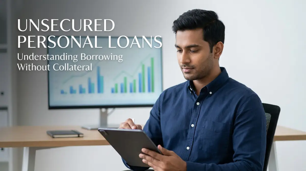 A young professional male reviews his financial options on a tablet, illustrating how an unsecured personal loan works without collateral.