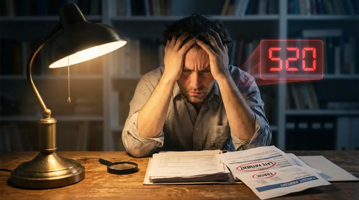 A stressed person at a desk reviewing a credit report with circled errors and a low credit score of 520 in the background.