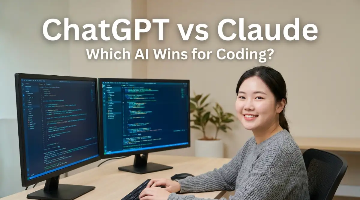 A smiling female software developer sitting at a bright desk comparing coding output from ChatGPT and Claude on twin monitors.