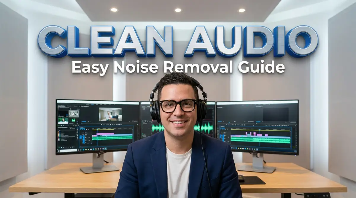 A professional male editor smiling while working on a computer screen to remove background noise in video editing software easily.