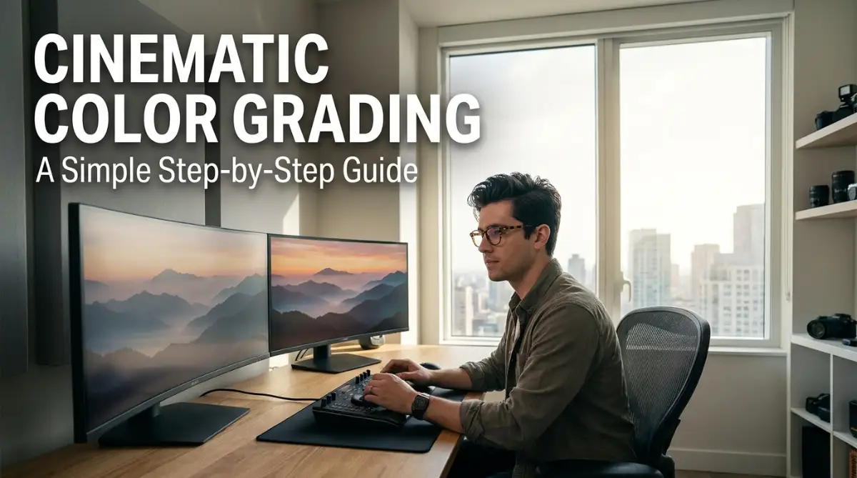 A professional male editor sits in a clean studio while performing cinematic color grading steps on a mountain sunset shot.