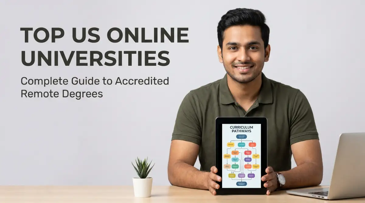 A young South Asian male student smiling while using a digital tablet at his study desk to research top online universities in the US for remote degrees.