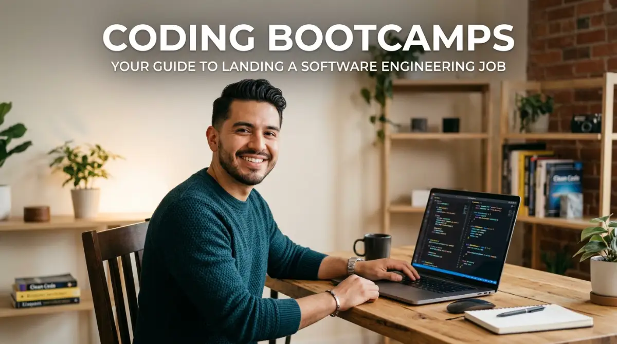 A young male student coding on his laptop at a clean desk, highlighting the best coding bootcamps to transition into a software engineering job.