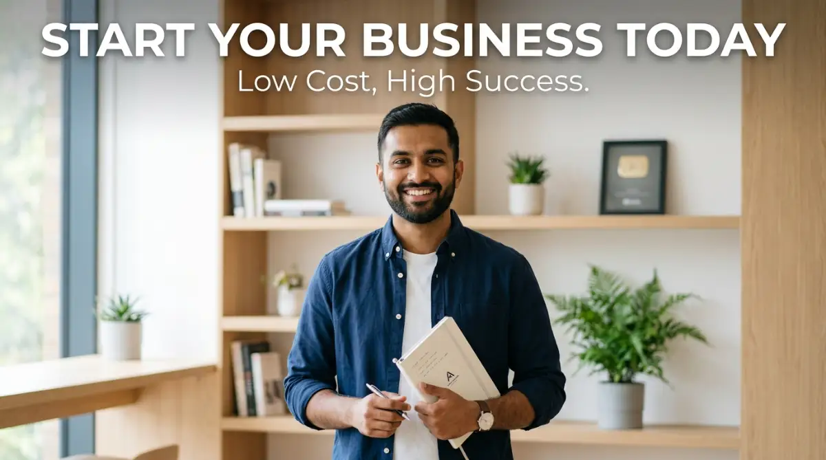A smart young male entrepreneur smiling while planning his next step for starting a low capital business from his clean home office.