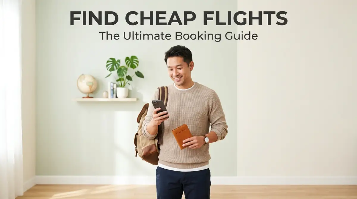 A smart young traveler happily looking at his phone to find the best travel booking sites for finding cheap flights on a clean, light studio background.