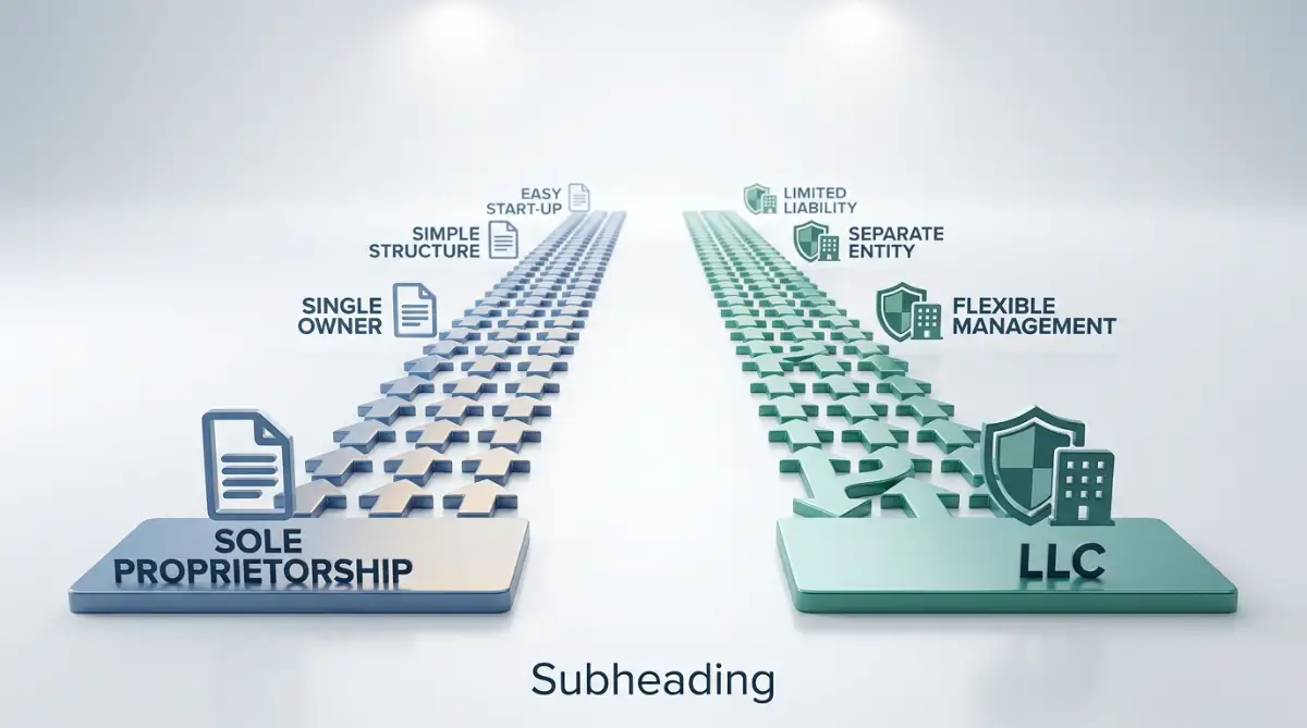 Two pathway icons, one representing a sole proprietorship document and one representing an LLC shield, placed side by side on a clean white background, illustrating the comparison between LLC and sole proprietorship business structures.