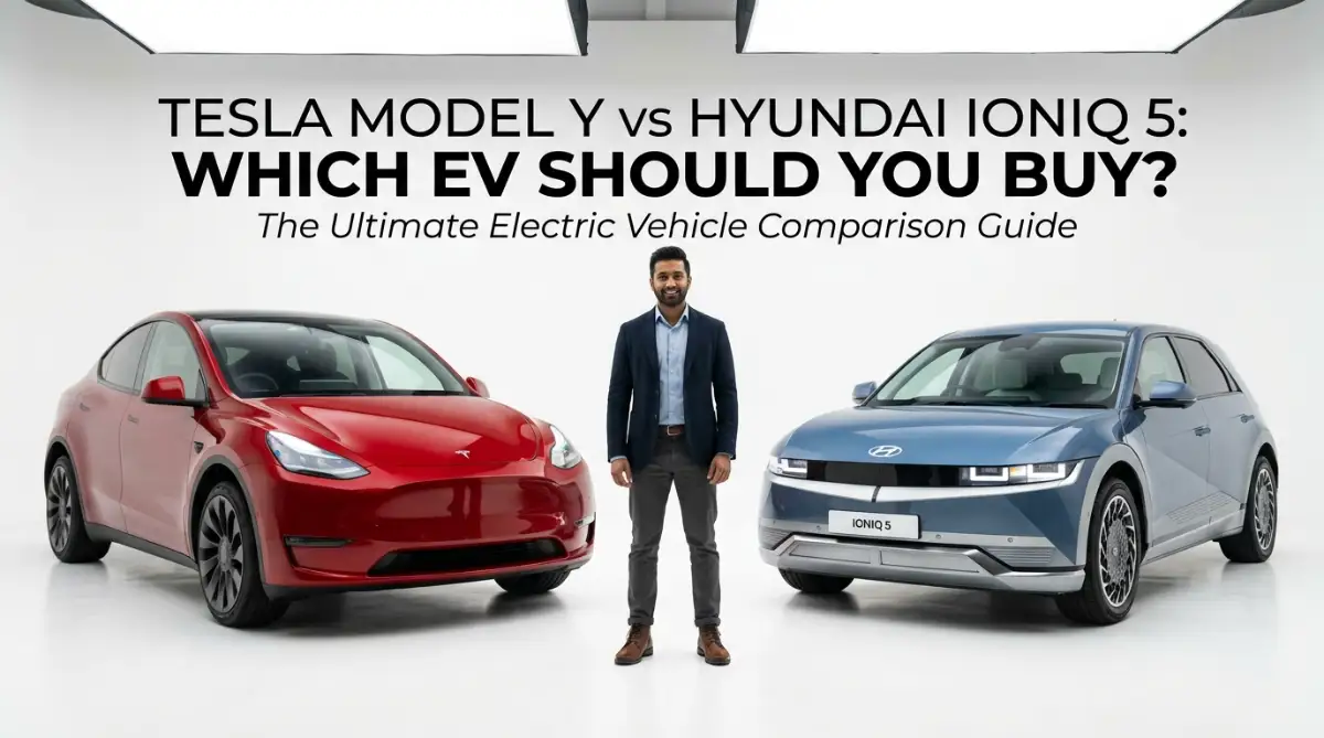 A professional comparison image showing a Tesla Model Y and Hyundai Ioniq 5 positioned side-by-side with a confident male model standing between them, illustrating the complete Tesla Model Y vs Hyundai Ioniq 5 comparison for electric vehicle buyers.