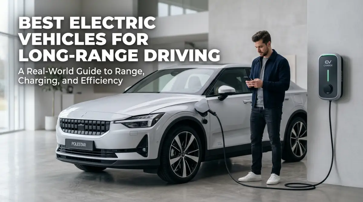 A man stands beside a silver electric SUV at a charging station, representing the best electric vehicles for long-range driving.