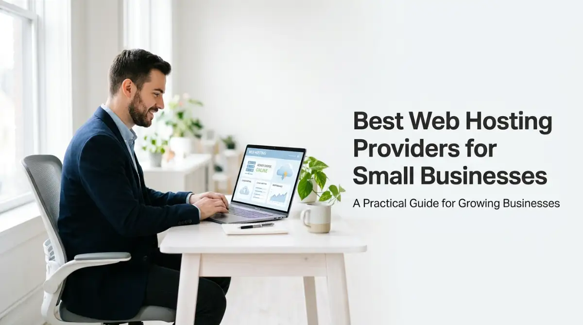 A small business owner reviews a web hosting dashboard on a laptop while planning the best web hosting setup for a growing company website.