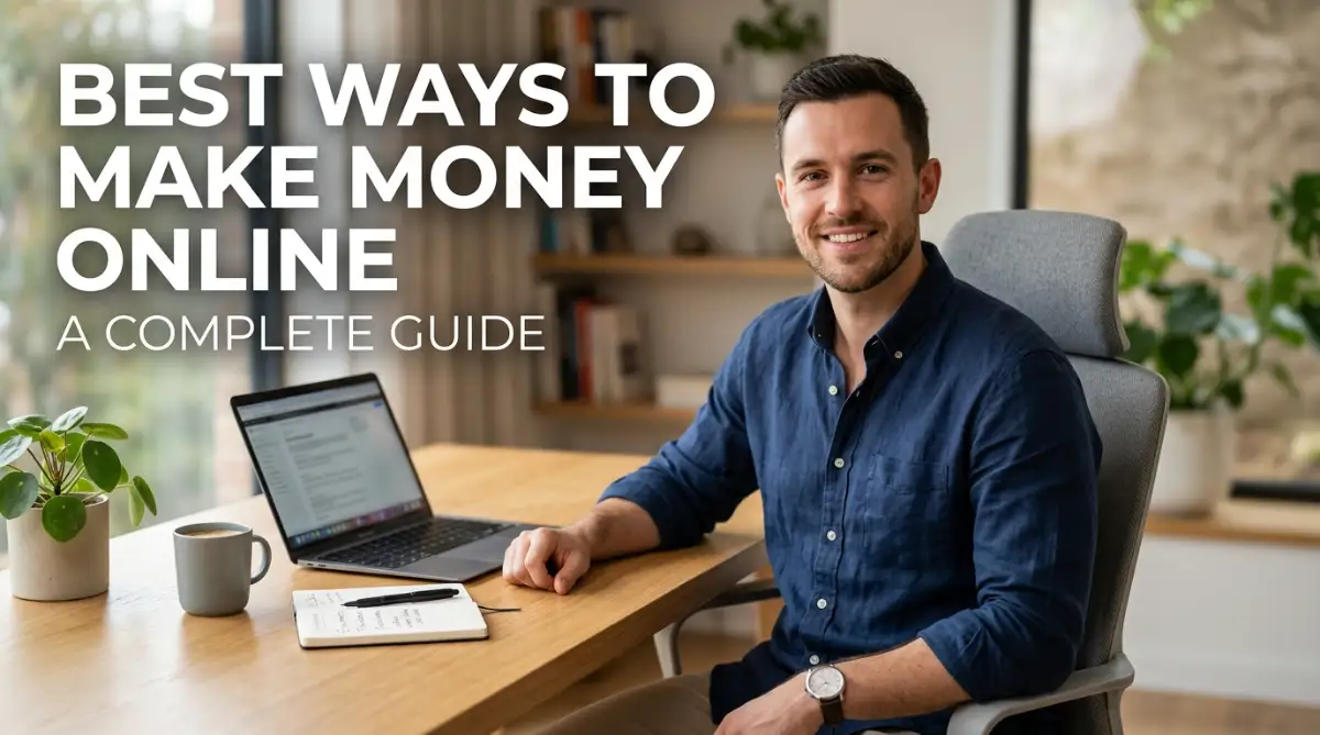A confident young professional works on a laptop at a bright home desk, representing practical ways to make money online for beginners.