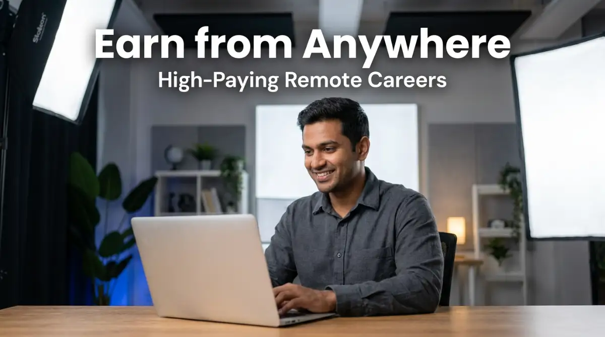 A smart young man smiling while working on his laptop in a bright and clean studio office, showcasing high paying remote jobs you can do from anywhere.
