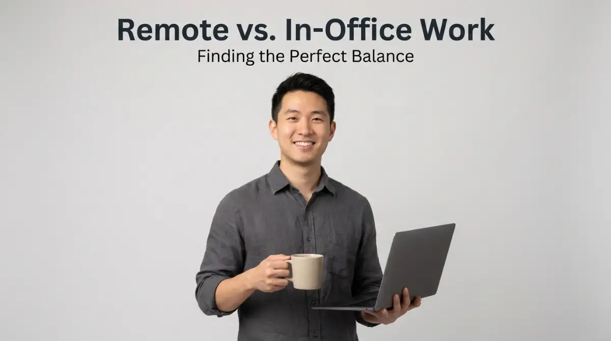 A friendly young professional holding a laptop and a coffee cup, illustrating the balance between remote work and office work in a modern hybrid schedule.