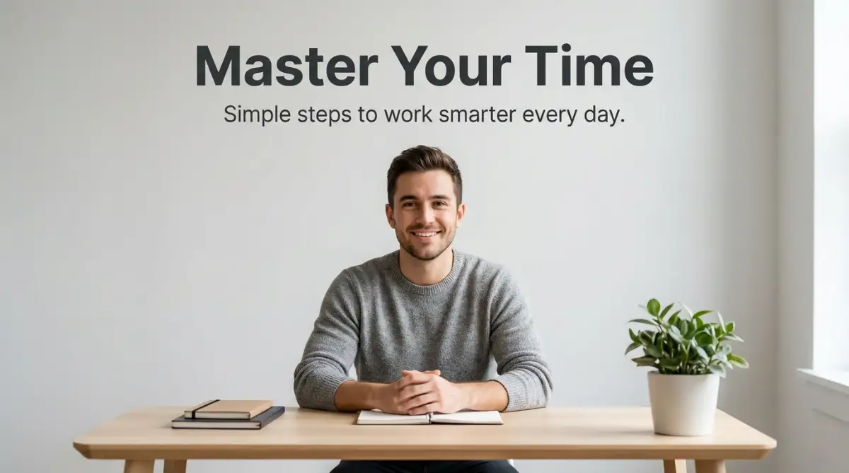 A professional male entrepreneur sitting at a clean workspace with soft studio lighting, showcasing the best productivity hacks to get more done in less time.