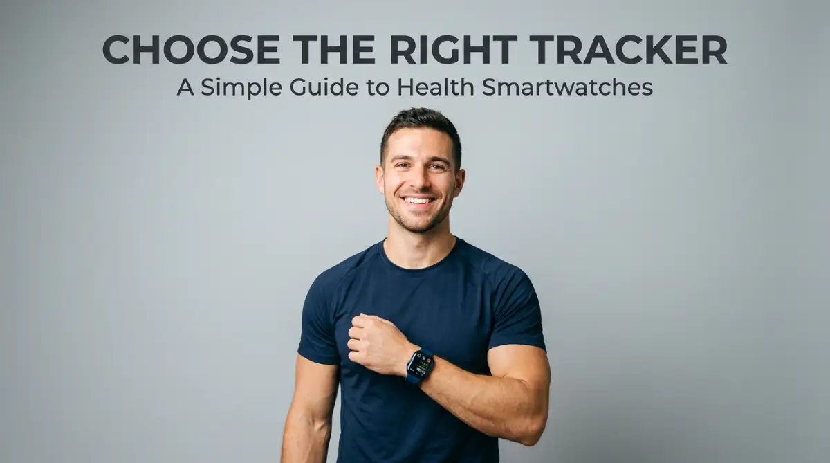 A smiling young man wearing a modern smartwatch, representing the process of finding the best fitness and health tracker smartwatch for daily use.