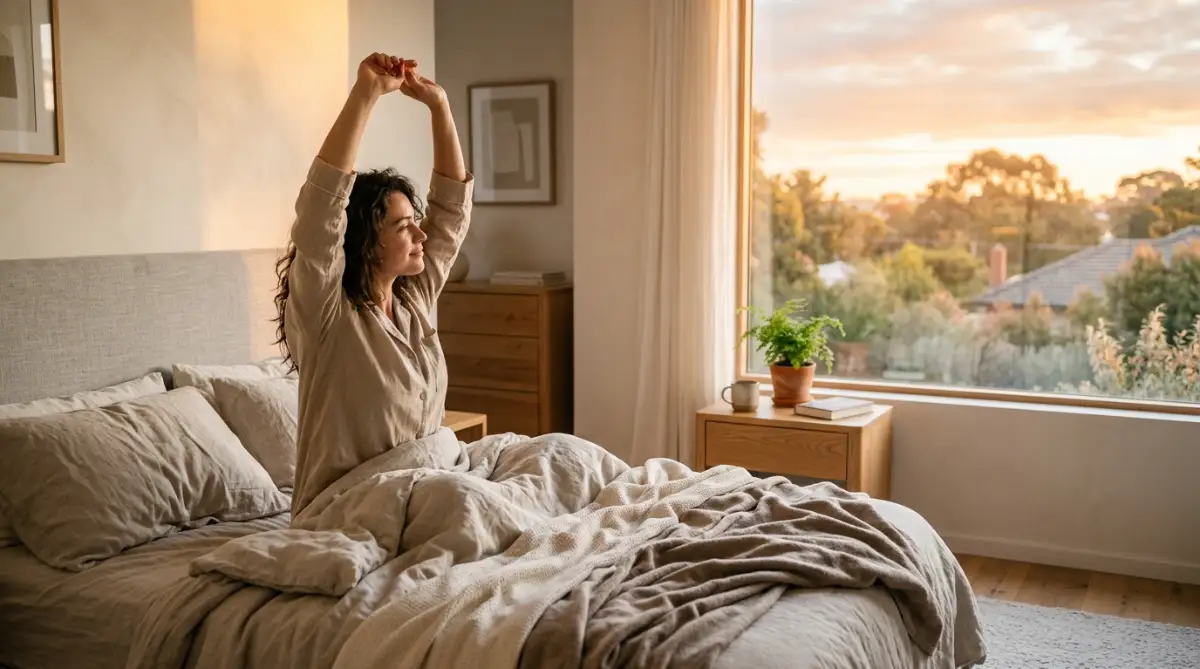 Person waking up and stretching in bed with sunrise light for a healthy morning routine