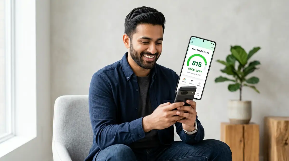 A smiling young man checks his credit score basics on his smartphone, showing a high rating on a clean, light studio background.