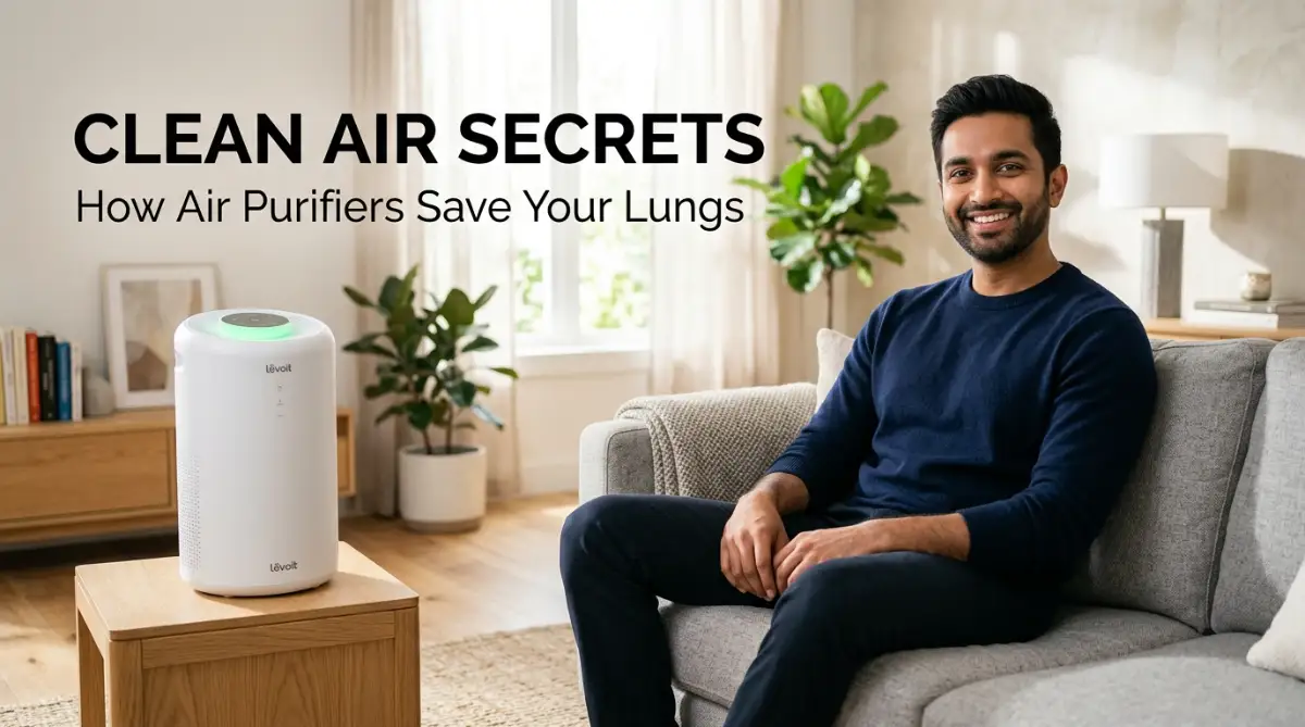 A relaxed South Asian man sitting in a bright living room next to a sleek air purifier that filters dust and allergens from the indoor air.