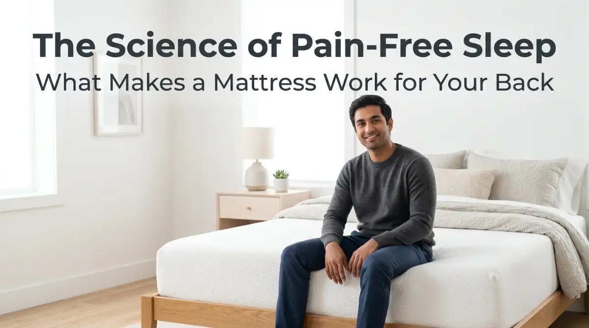 A 28-year-old South Asian man sitting comfortably on a supportive mattress in a bright bedroom, illustrating the key features of a mattress suitable for back pain relief.