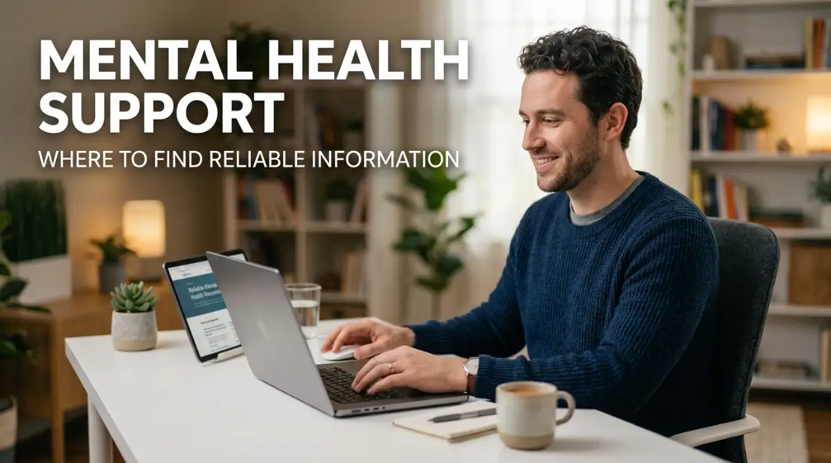 A calm young man looks at his laptop to find reliable information about mental health support from verified online resources.