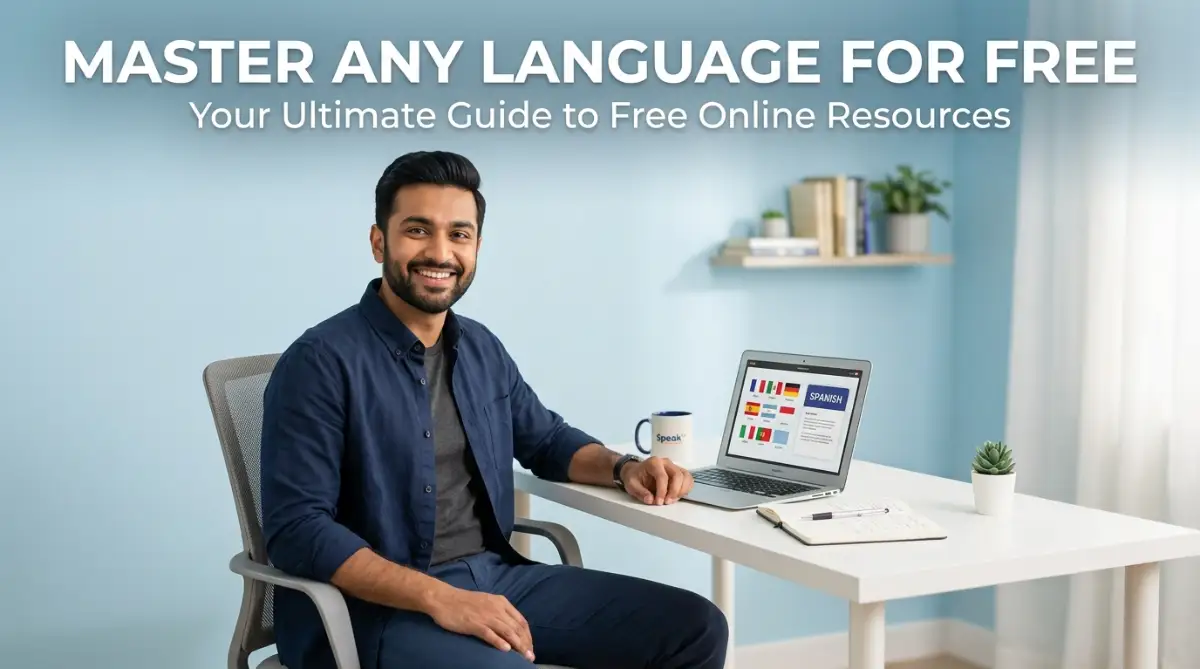 A cheerful male student sitting at a desk with his laptop, representing the best free tools to learn a new language online.