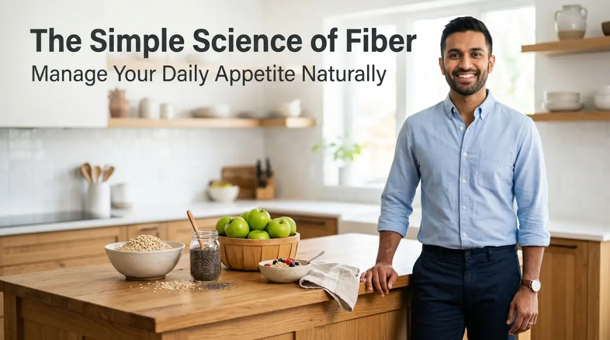 A professional young man standing next to healthy fiber-rich foods like oats and apples, demonstrating how natural dietary fibers help in managing daily appetite.