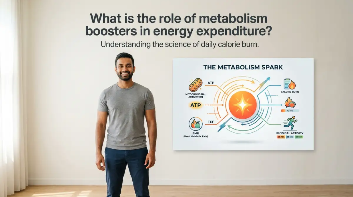 A friendly 28-year-old South Asian man standing in a bright studio next to a clean graphic illustrating metabolism and energy expenditure concepts.
