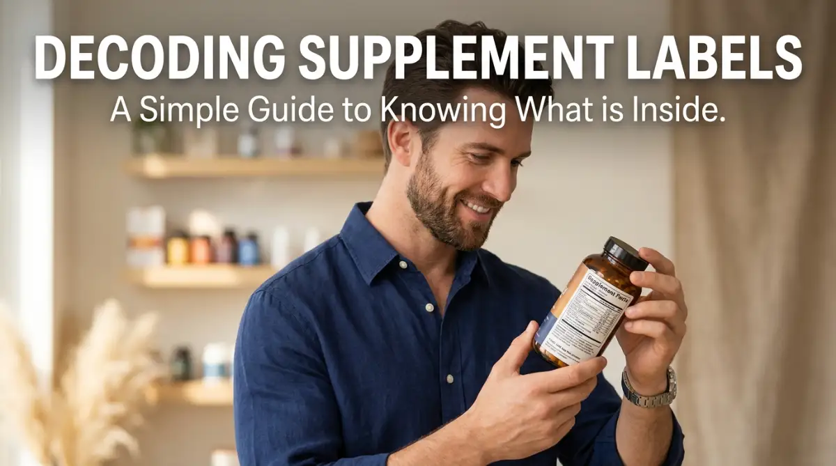 A smart young male model holding a supplement bottle and reading the ingredient facts label carefully in a clean studio setting.