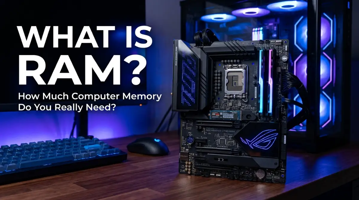 A clean high-angle shot of a hand installing a high-speed computer RAM module into a desktop motherboard slot.